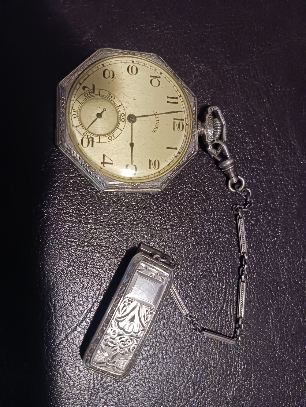 Silver Octagon Pocket Watch with Sterling Silver ,.925/1000 Watch Fob Chain.